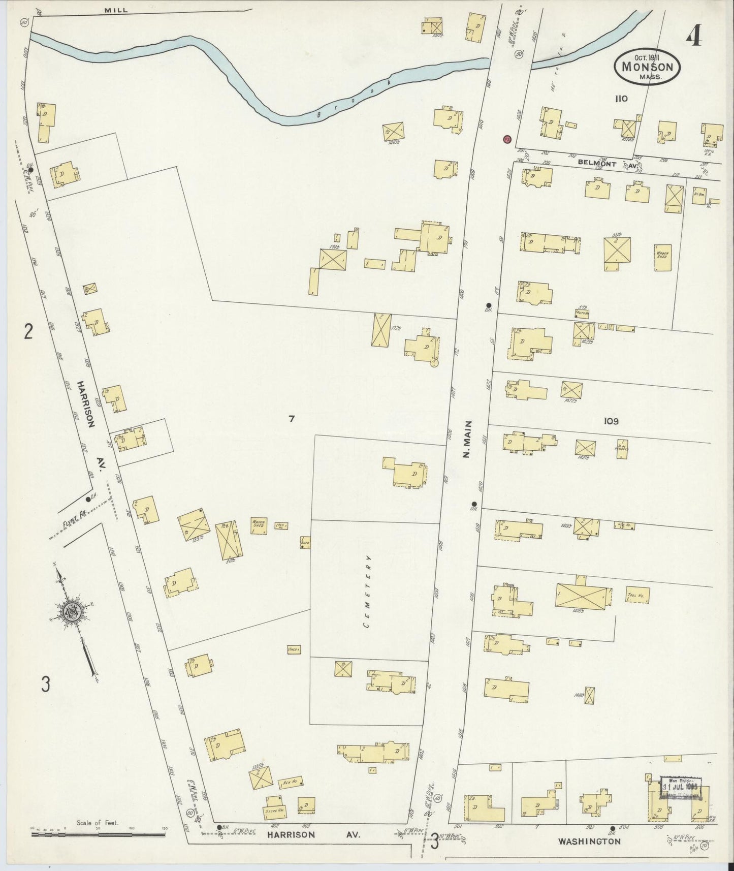 Sanborn Fire Insurance Map from Monson, Hampden County, Massachusetts (1911), Sheet #0004 - Complete Map Set gallery image, historic Sanborn map, vintage wall art, Massachusetts Massachusetts