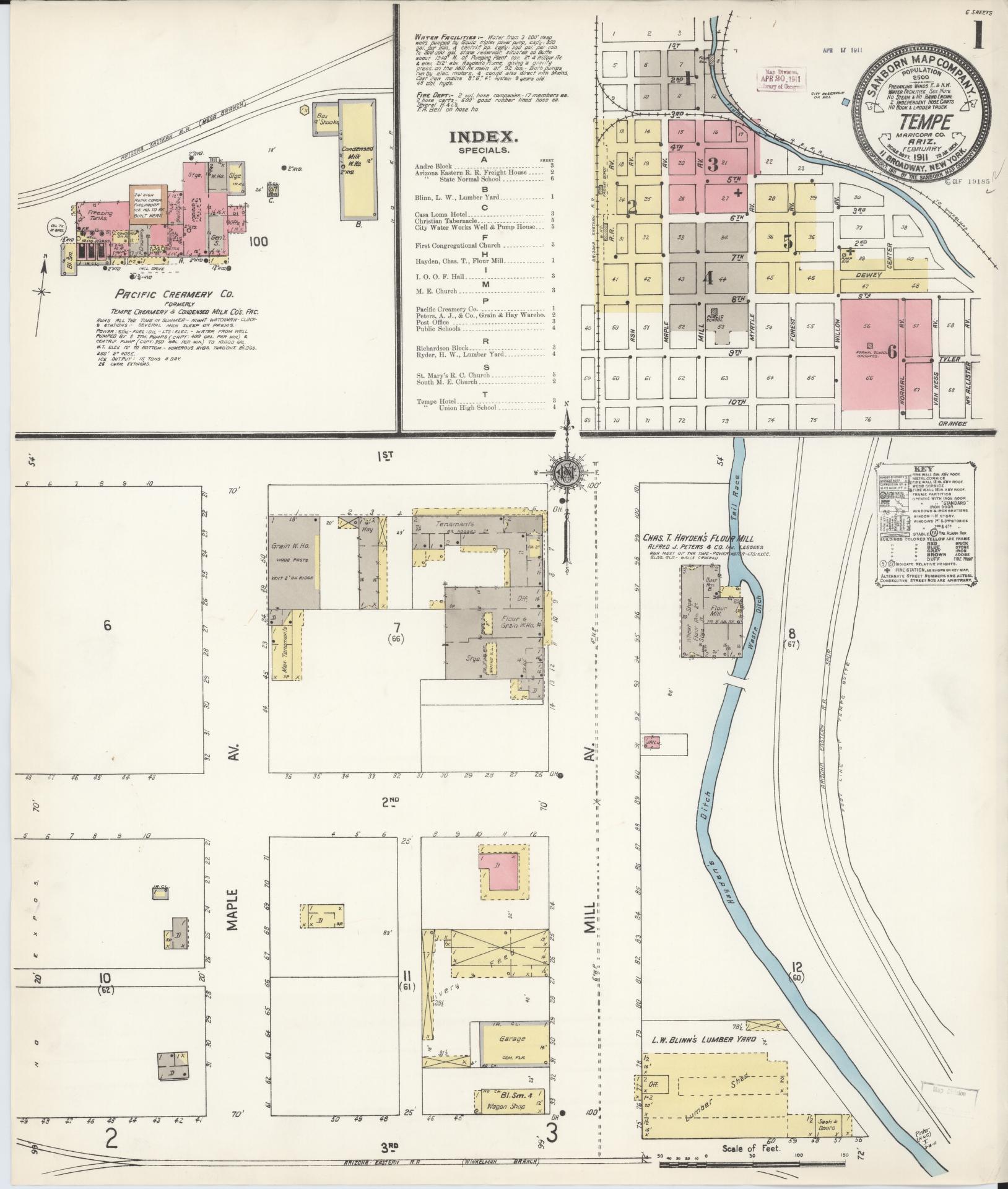 Sanborn Fire Insurance Map from Tempe, Maricopa County, Arizona (1911), Sheet #0001 - Historic Sanborn Fire Insurance Map Print, vintage old map wall art, antique decor, genealogy gift, Arizona Arizona map