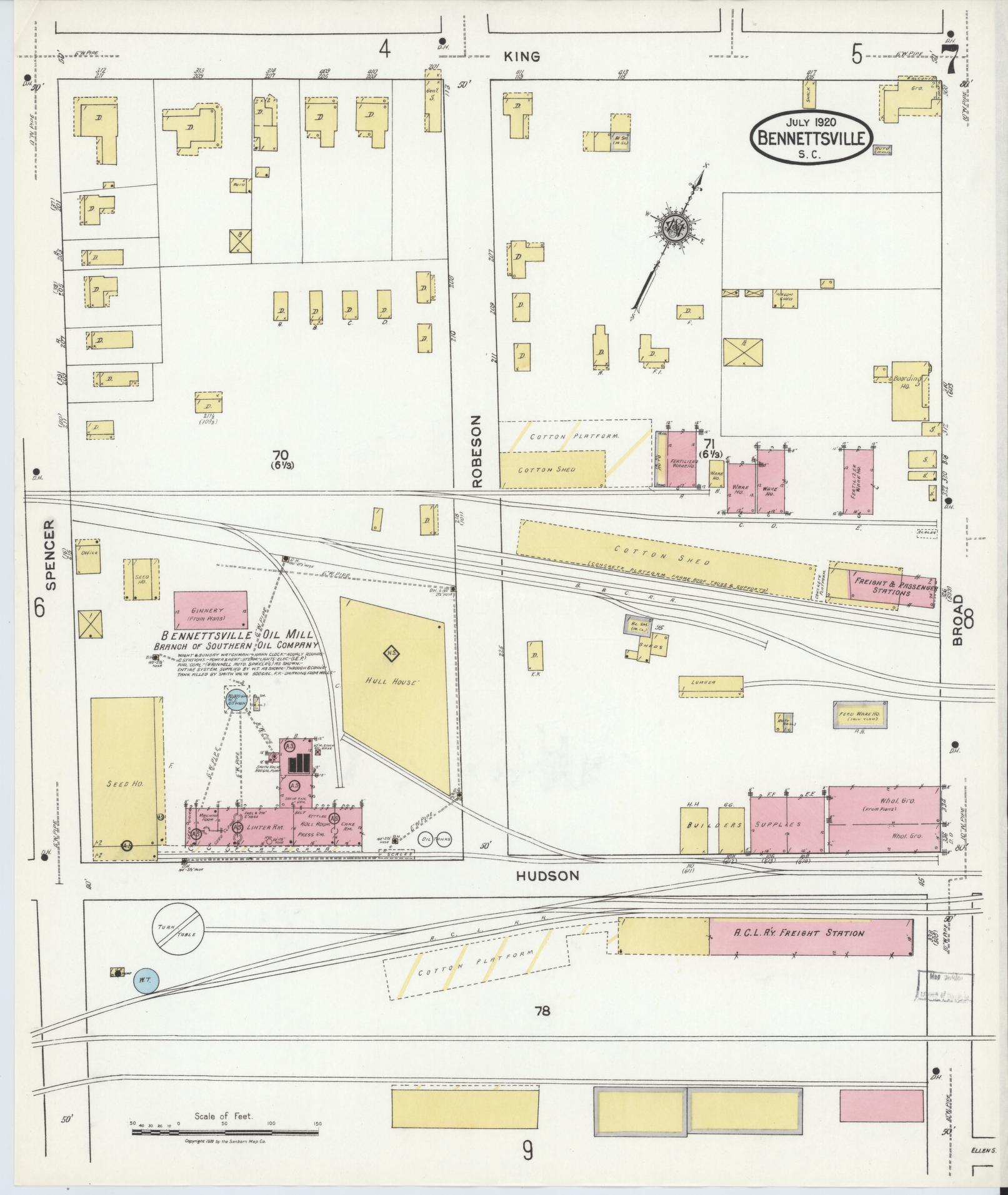 Sanborn Fire Insurance Map from Bennettsville, Marlboro County, South Carolina (1920), Sheet #0007 - Complete Map Set gallery image, historic Sanborn map, vintage wall art, South Carolina South Carolina