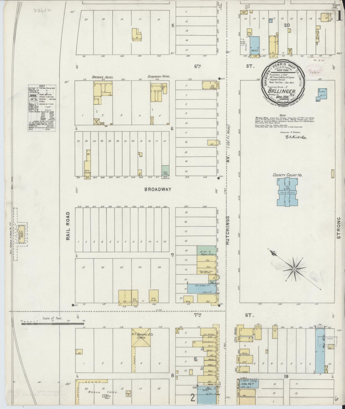Sanborn Fire Insurance Map from Ballinger, Runnels County, Texas (1896), Sheet #0001 - Complete Map Set gallery image, historic Sanborn map, vintage wall art, Texas Texas
