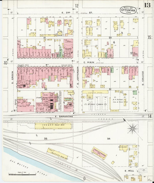 Sanborn Fire Insurance Map from Ottumwa, Wapello County, Iowa (1897), Sheet #0013 - Historic Sanborn Fire Insurance Map Print, vintage old map wall art