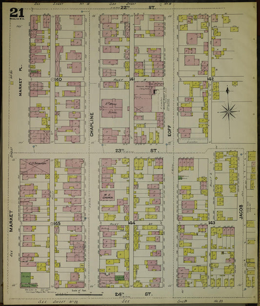 Sanborn Fire Insurance Map from Wheeling, Ohio County, West Virginia (1890), Sheet #0021 - Historic Sanborn Fire Insurance Map Print, vintage old map wall art, antique decor, genealogy gift, West Virginia West Virginia map
