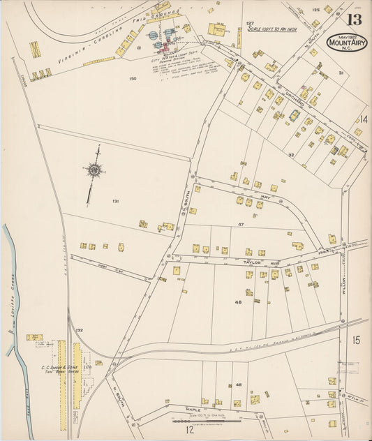 Sanborn Fire Insurance Map from Mount Airy, Surry County, North Carolina (1922), Sheet #0013 - Historic Sanborn Fire Insurance Map Print, vintage old map wall art, antique decor, genealogy gift, North Carolina North Carolina map
