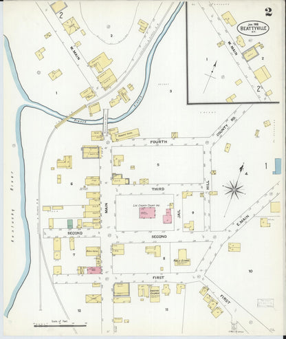 Sanborn Fire Insurance Map from Beattyville, Lee County, Kentucky (1908), Sheet #0002 - Complete Map Set gallery image, historic Sanborn map, vintage wall art, Kentucky Kentucky