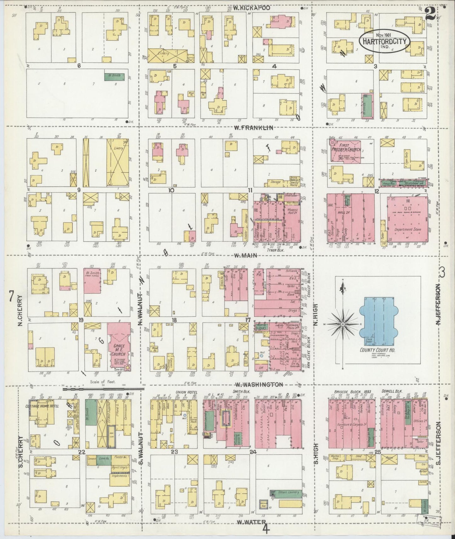 Sanborn Fire Insurance Map from Hartford City, Blackford County, Indiana (1901), Sheet #0002 - Complete Map Set gallery image, historic Sanborn map, vintage wall art, Indiana Indiana