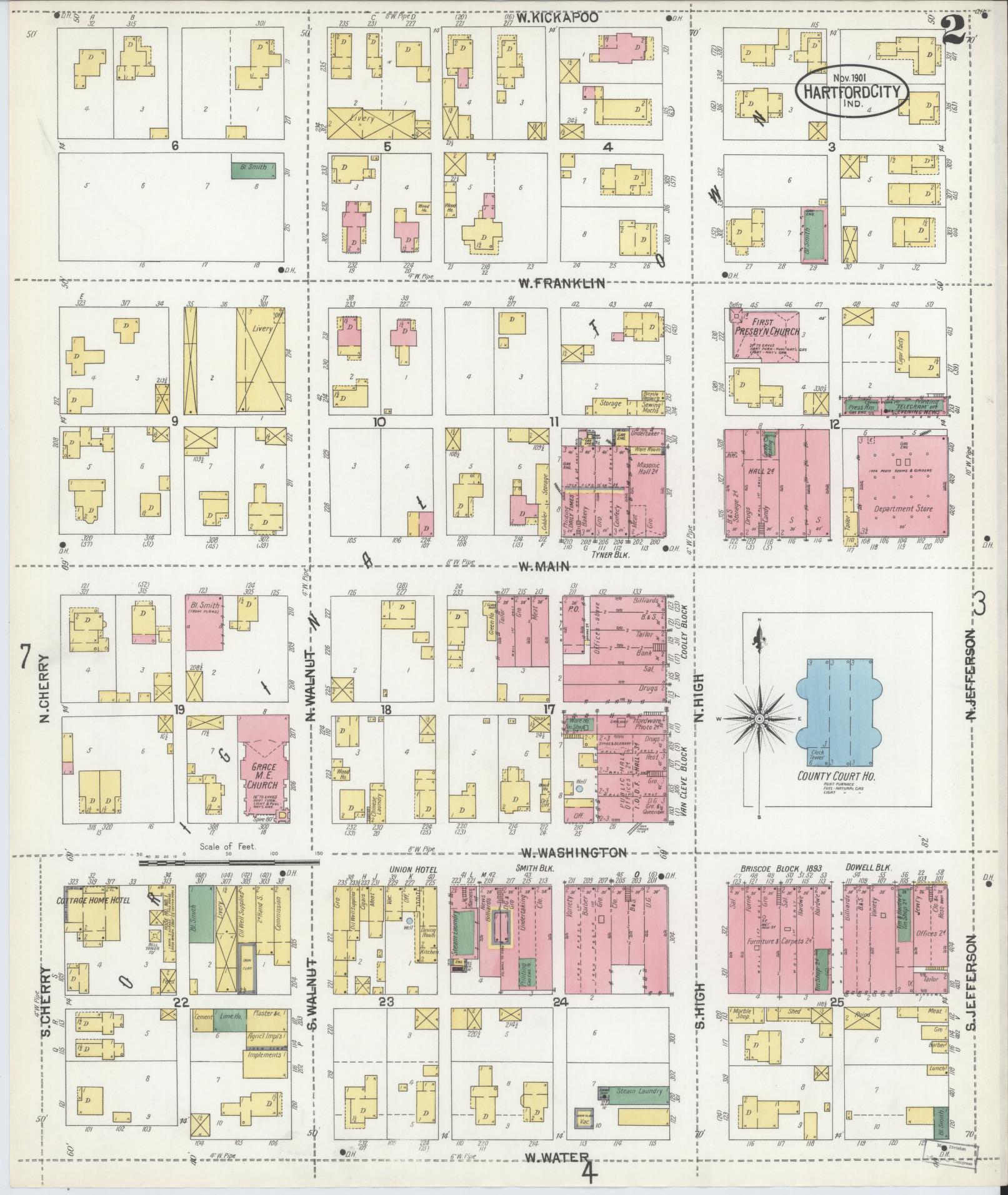 Sanborn Fire Insurance Map from Hartford City, Blackford County, Indiana (1901), Sheet #0002 - Complete Map Set gallery image, historic Sanborn map, vintage wall art, Indiana Indiana