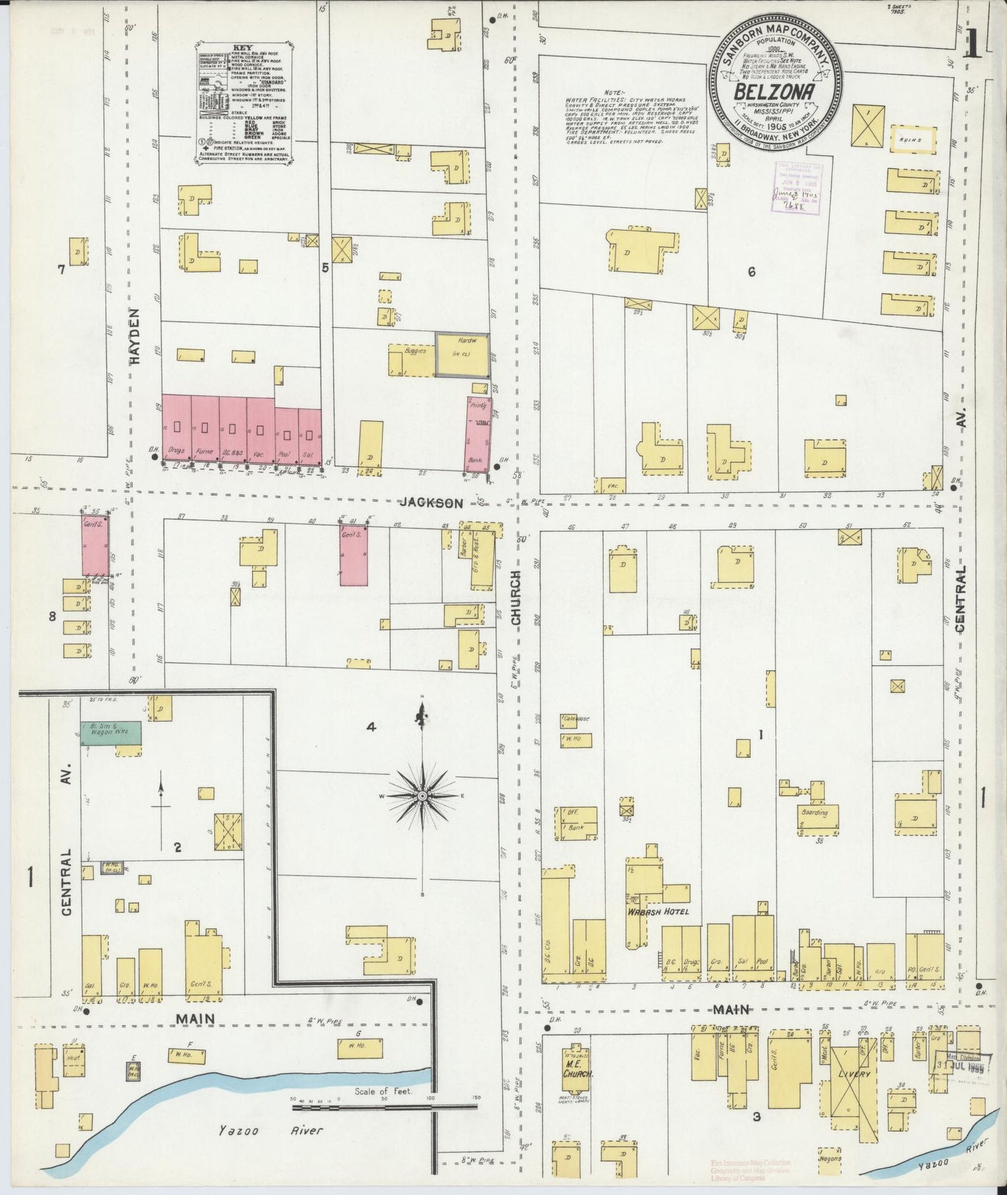 Sanborn Fire Insurance Map from Belzoni, Washington County, Mississippi (1905), Sheet #0001 - Complete Map Set gallery image, historic Sanborn map, vintage wall art, Mississippi Mississippi