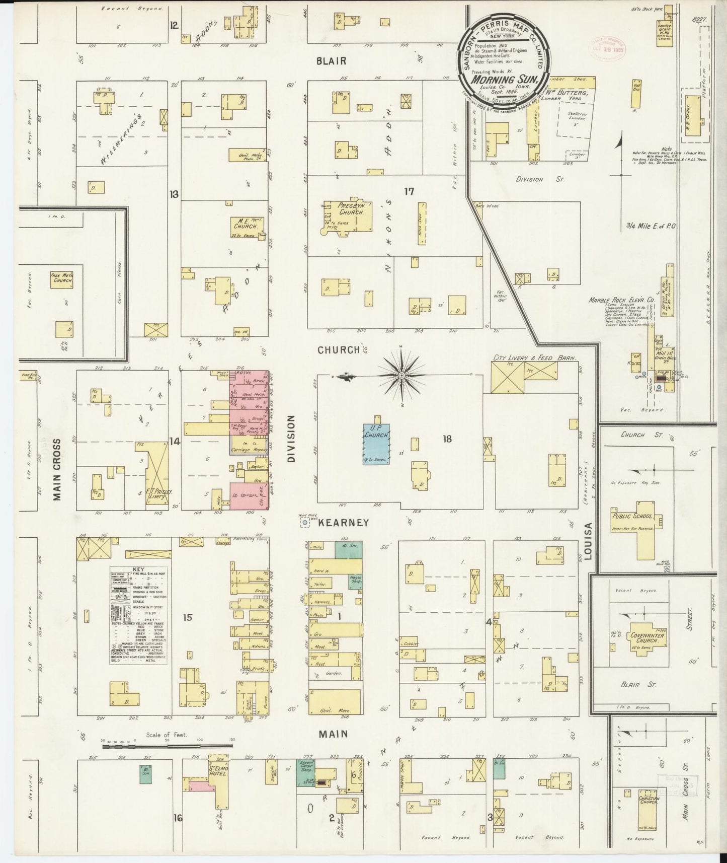 Sanborn Fire Insurance Map from Morning Sun, Louisa County, Iowa (1895), Sheet #0001 - Historic Sanborn Fire Insurance Map Print, vintage old map wall art