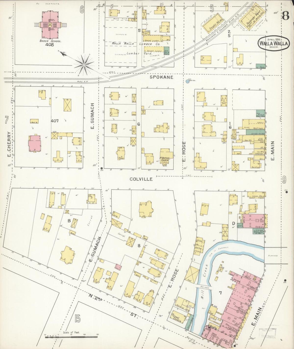 Sanborn Fire Insurance Map from Walla Walla, Walla Walla County, Washington (1894), Sheet #0008 - Historic Sanborn Fire Insurance Map Print, vintage old map wall art, antique decor, genealogy gift, Washington Washington map