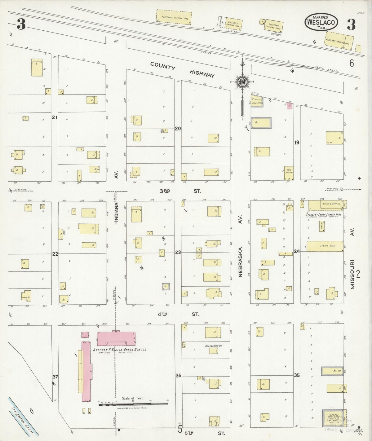 Sanborn Fire Insurance Map from Weslaco, Hidalgo County, Texas (1925), Sheet #0003 - Complete Map Set gallery image, historic Sanborn map, vintage wall art, Texas Texas