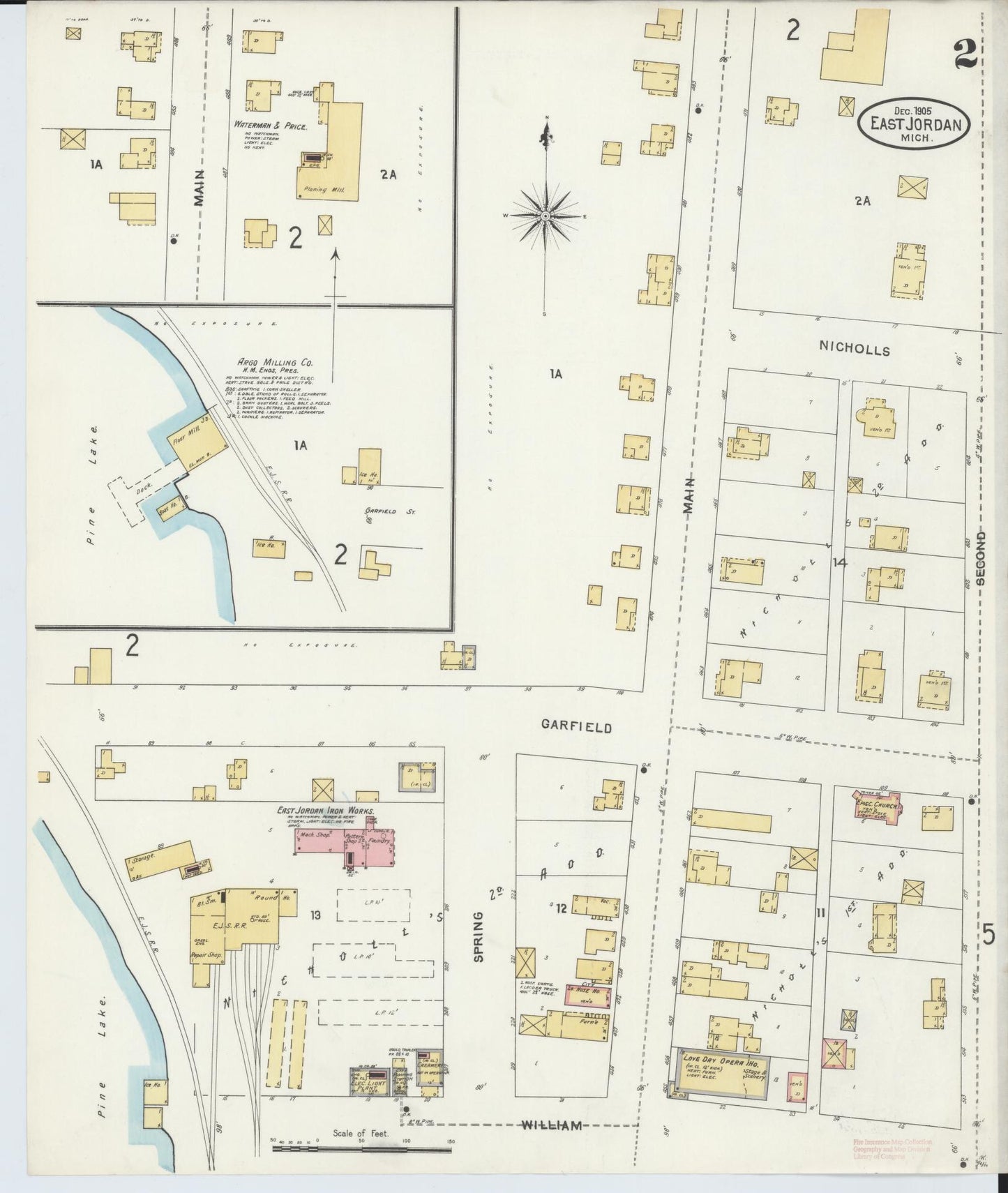 Sanborn Fire Insurance Map from East Jordan, Charlevoix County, Michigan (1905), Sheet #0002 - Historic Sanborn Fire Insurance Map Print, vintage old map wall art, antique decor, genealogy gift, Michigan Michigan map
