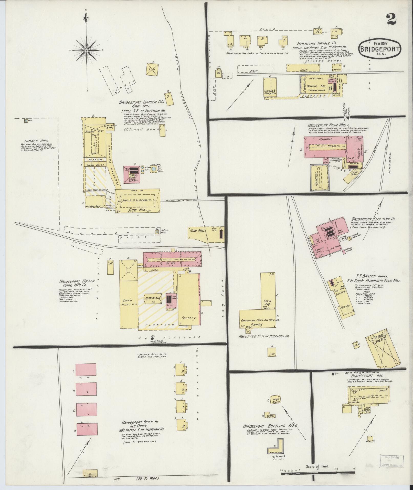 Sanborn Fire Insurance Map from Bridgeport, Jackson County, Alabama (1897), Sheet #0002 - Historic Sanborn Fire Insurance Map Print, vintage old map wall art, antique decor, genealogy gift, Alabama Alabama map