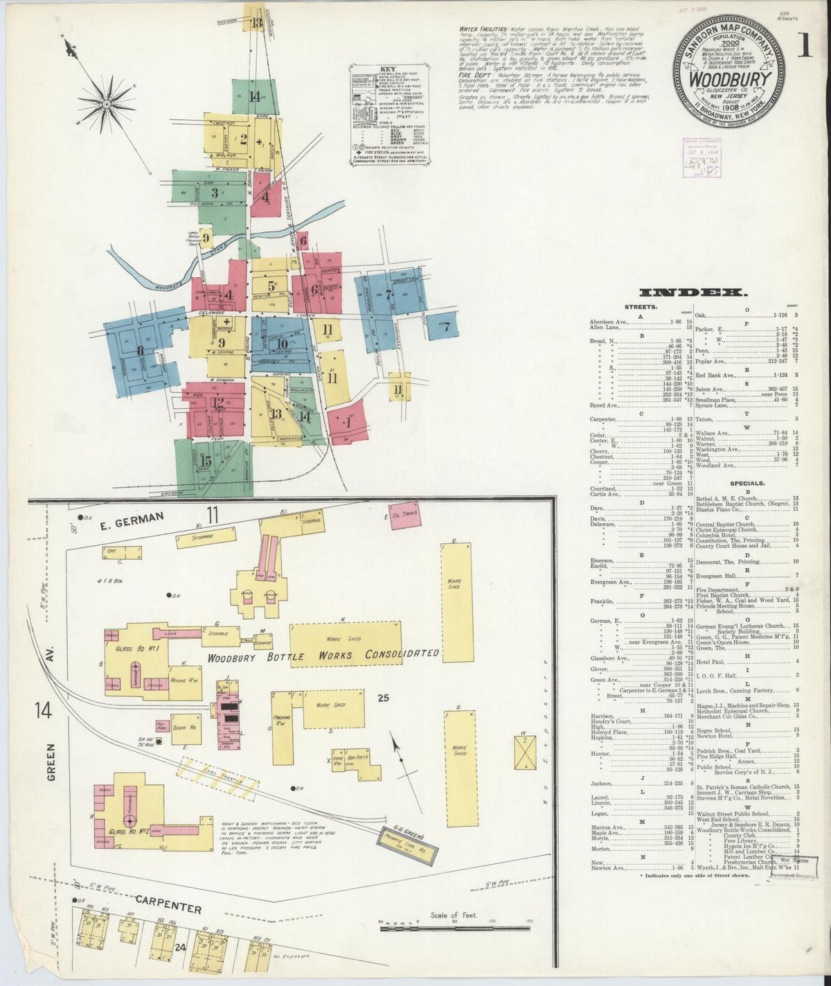 Sanborn Fire Insurance Map from Woodbury, Gloucester County, New Jersey (1908), Sheet #0001 - Historic Sanborn Fire Insurance Map Print, vintage old map wall art, antique decor, genealogy gift, New Jersey New Jersey map