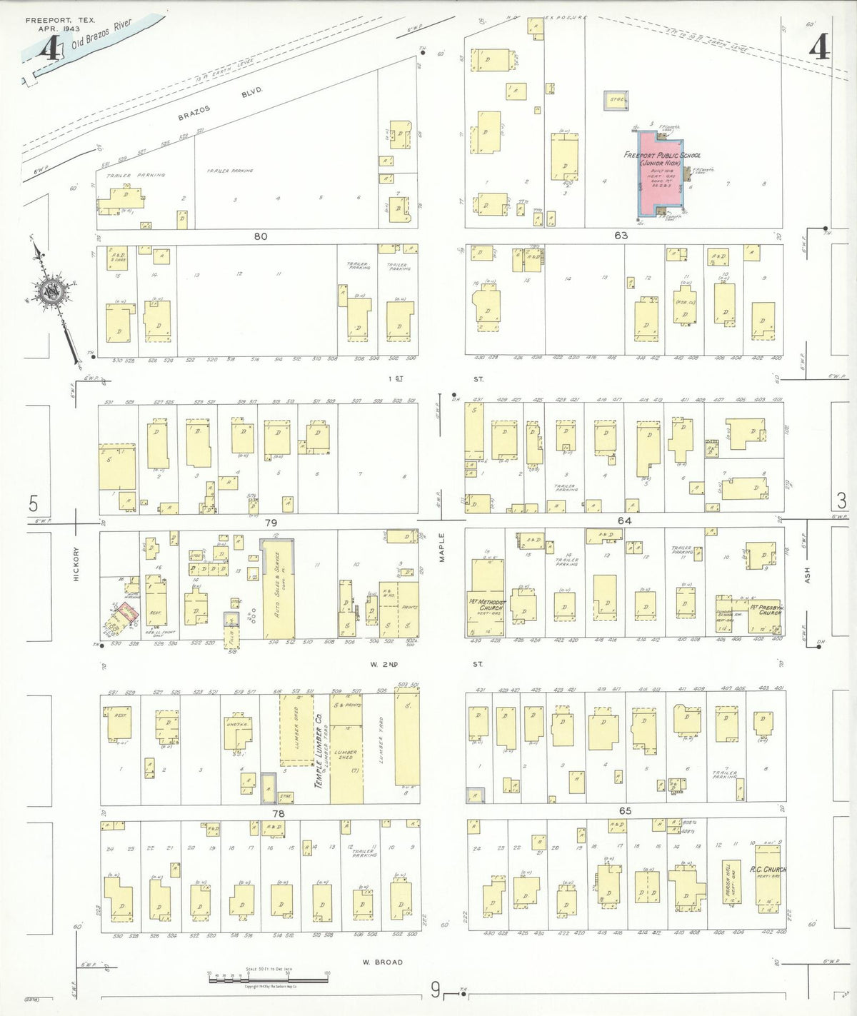 Sanborn Fire Insurance Map from Freeport, Brazoria County, Texas (1943), Sheet #0004 - Historic Sanborn Fire Insurance Map Print, vintage old map wall art, antique decor, genealogy gift, Texas Texas map