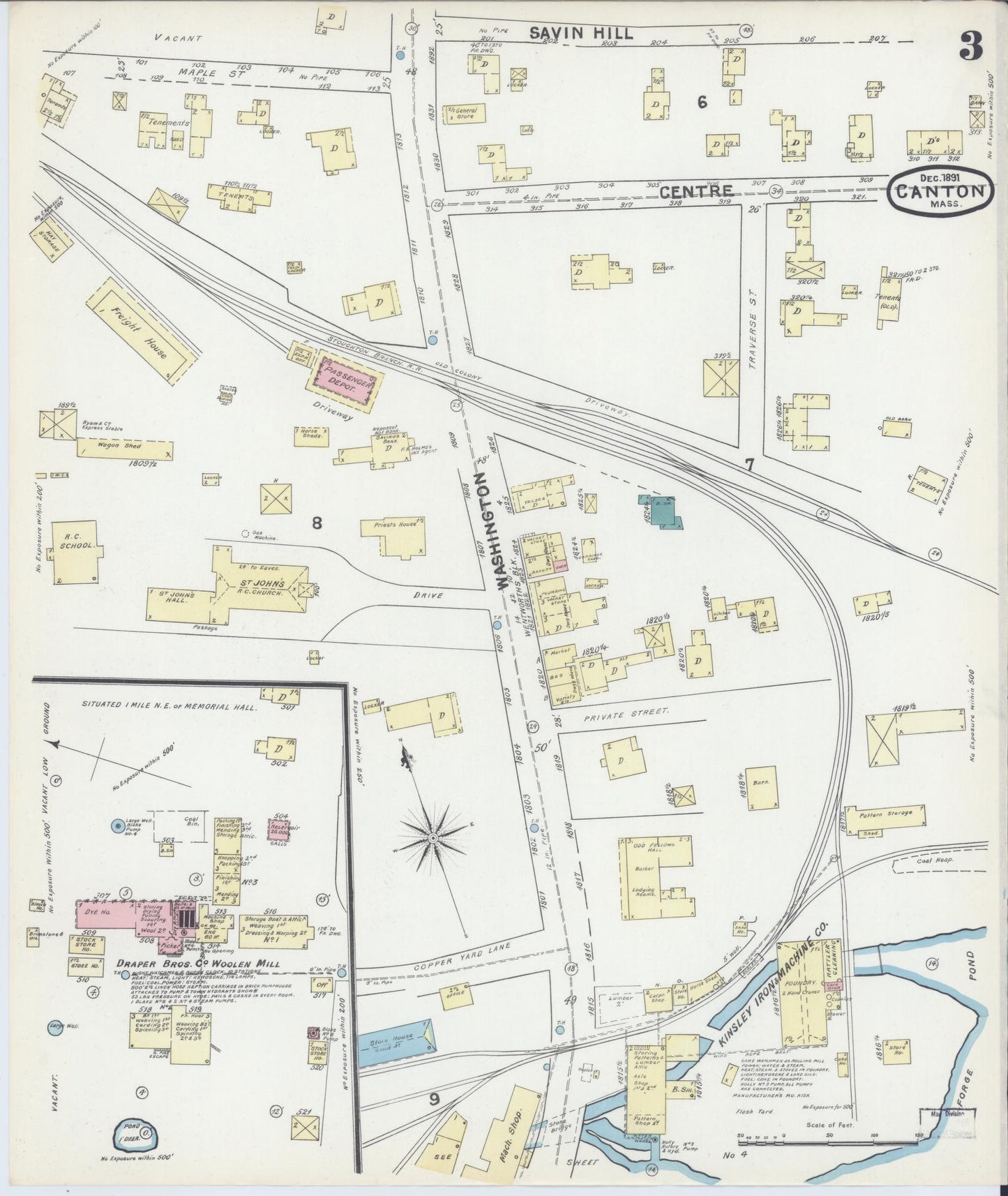 Sanborn Fire Insurance Map from Canton, Norfolk County, Massachusetts (1891), Sheet #0003 - Historic Sanborn Fire Insurance Map Print, vintage old map wall art, antique decor, genealogy gift, Massachusetts Massachusetts map