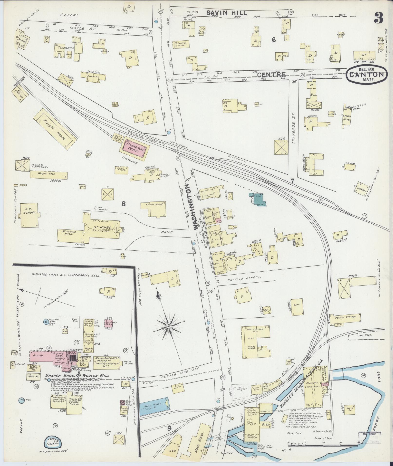 Sanborn Fire Insurance Map from Canton, Norfolk County, Massachusetts (1891), Sheet #0003 - Historic Sanborn Fire Insurance Map Print, vintage old map wall art, antique decor, genealogy gift, Massachusetts Massachusetts map