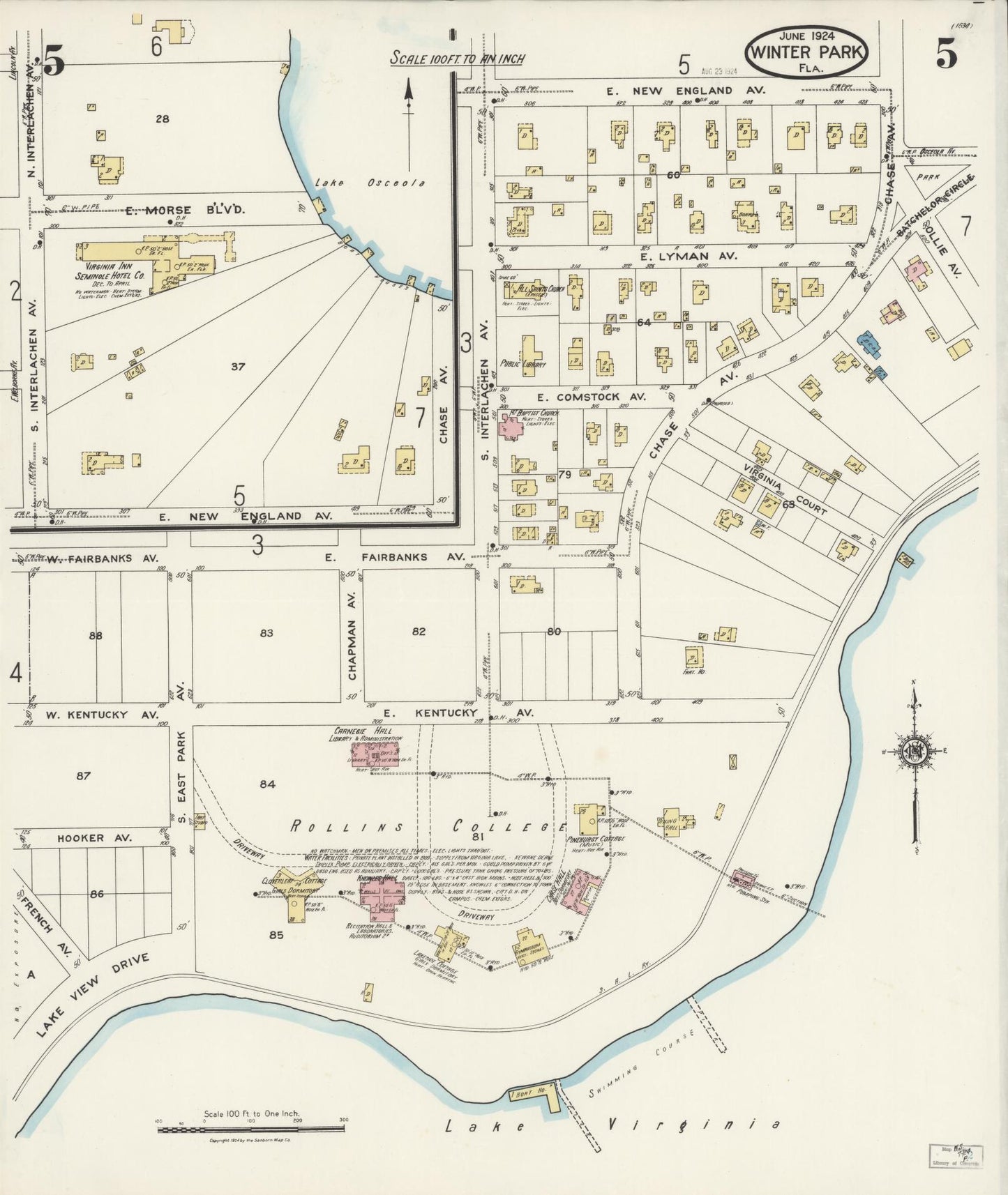 Sanborn Fire Insurance Map from Winter Park, Orange County, Florida (1924), Sheet #0005 - Complete Map Set gallery image, historic Sanborn map, vintage wall art, Florida Florida