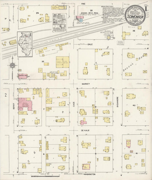 Sanborn Fire Insurance Map from Somonauk, De Kalb County, Illinois (1921), Sheet #0001 - Complete Map Set gallery image, historic Sanborn map, vintage wall art, Illinois Illinois