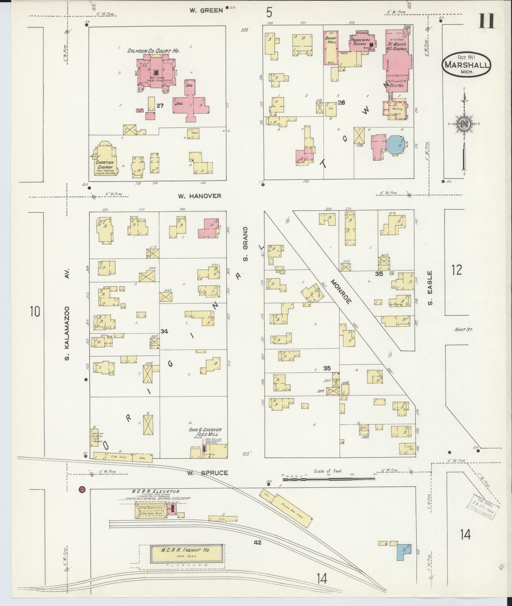 Sanborn Fire Insurance Map from Marshall, Calhoun County, Michigan (1911), Sheet #0011 - Complete Map Set gallery image, historic Sanborn map, vintage wall art, Michigan Michigan