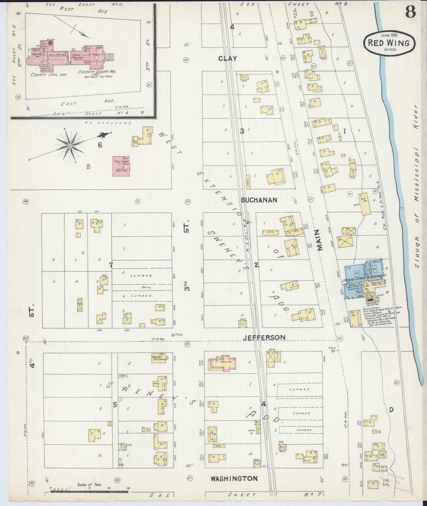 Sanborn Fire Insurance Map from Red Wing, Goodhue County, Minnesota (1891), Sheet #0008 - Historic Sanborn Fire Insurance Map Print, vintage old map wall art, antique decor, genealogy gift, Minnesota Minnesota map