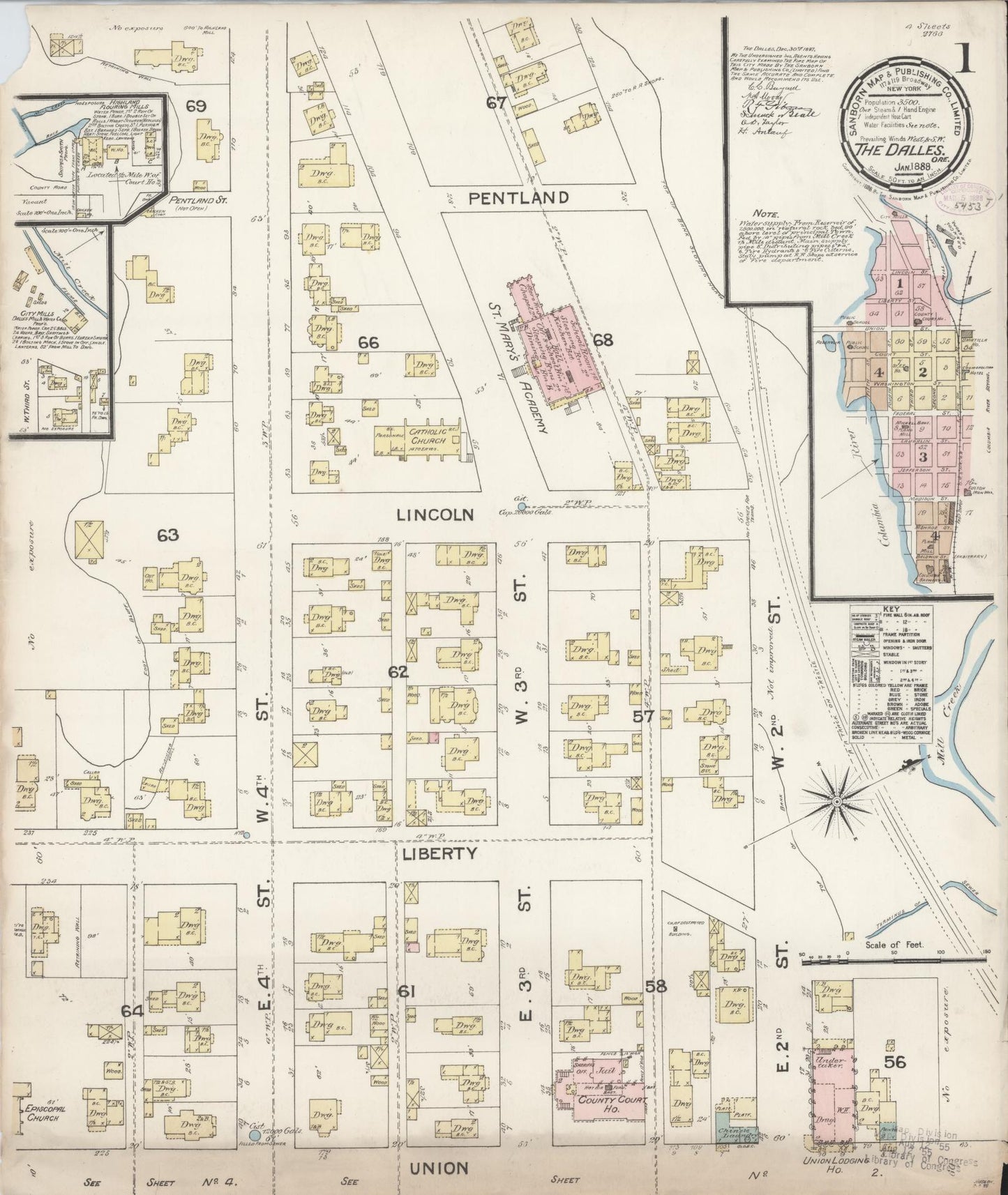 Sanborn Fire Insurance Map from The Dalles, Wasco County, Oregon (1888), Sheet #0001 - Complete Map Set gallery image, historic Sanborn map, vintage wall art, Oregon Oregon