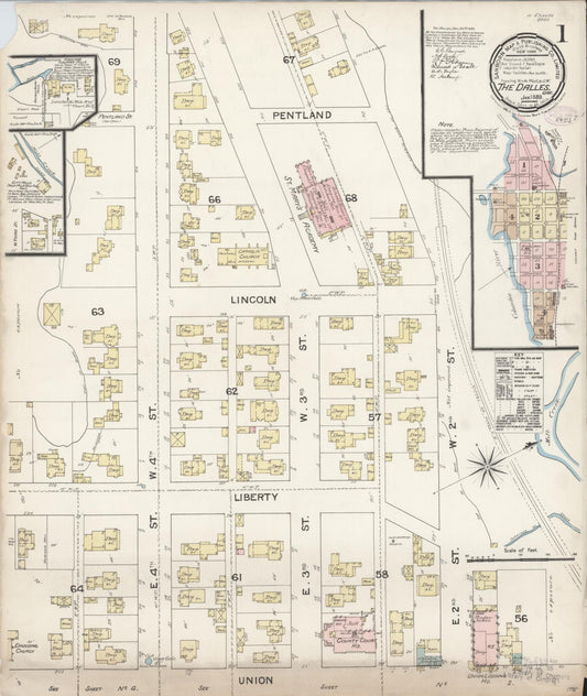 Sanborn Fire Insurance Map from The Dalles, Wasco County, Oregon (1888), Sheet #0001 - Complete Map Set gallery image, historic Sanborn map, vintage wall art, Oregon Oregon