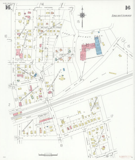 Sanborn Fire Insurance Map from Glen Ellyn, Du Page County, Illinois (1940), Sheet #0016 - Historic Sanborn Fire Insurance Map Print, vintage old map wall art, antique decor, genealogy gift, Illinois Illinois map