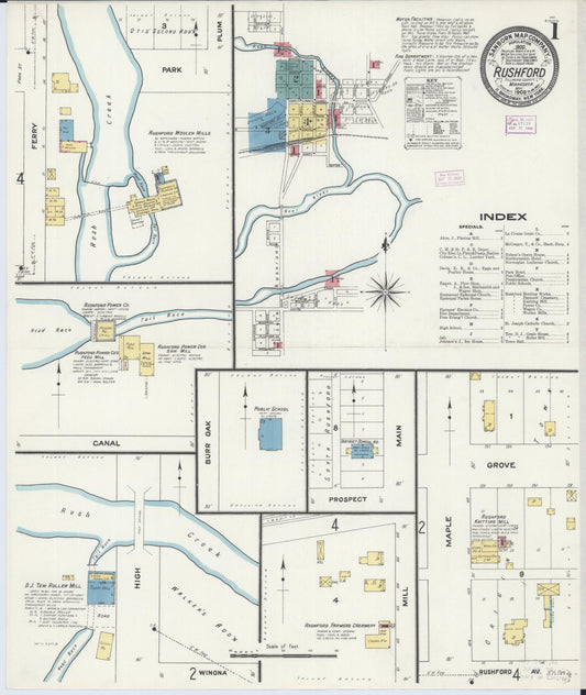 Sanborn Fire Insurance Map from Rushford, Fillmore County, Minnesota (1909), Sheet #0001 - Historic Sanborn Fire Insurance Map Print, vintage old map wall art, antique decor, genealogy gift, Minnesota Minnesota map