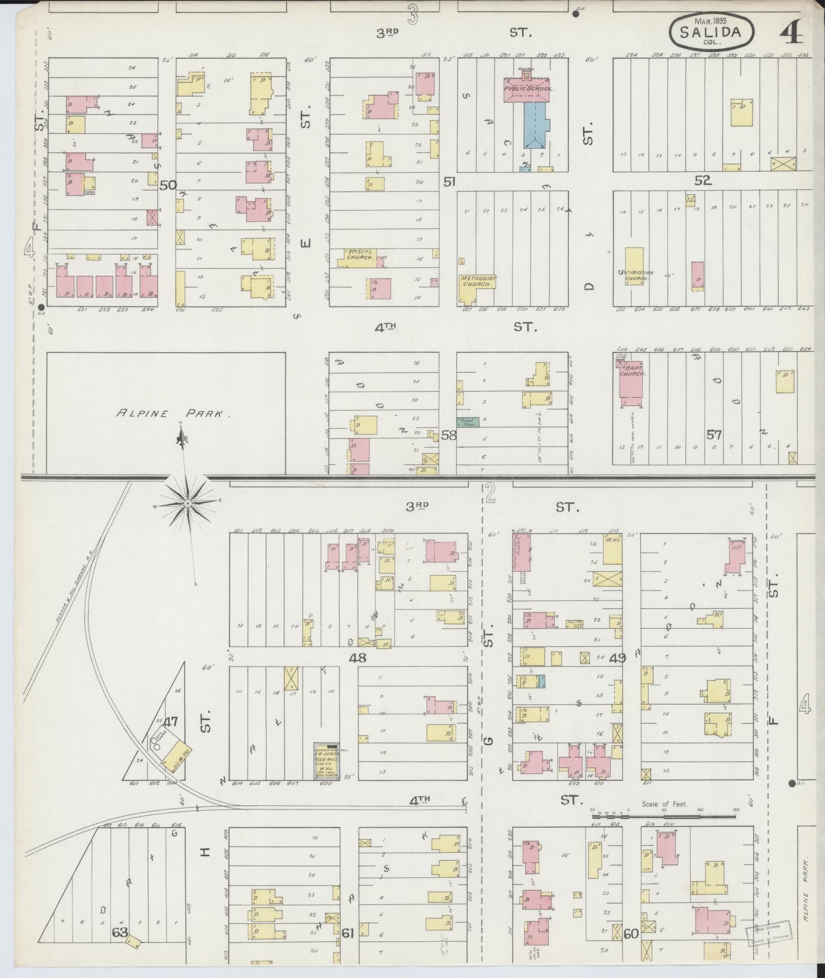 Sanborn Fire Insurance Map from Salida, Chaffee County, Colorado (1893), Sheet #0004 - Historic Sanborn Fire Insurance Map Print, vintage old map wall art, antique decor, genealogy gift, Colorado Colorado map
