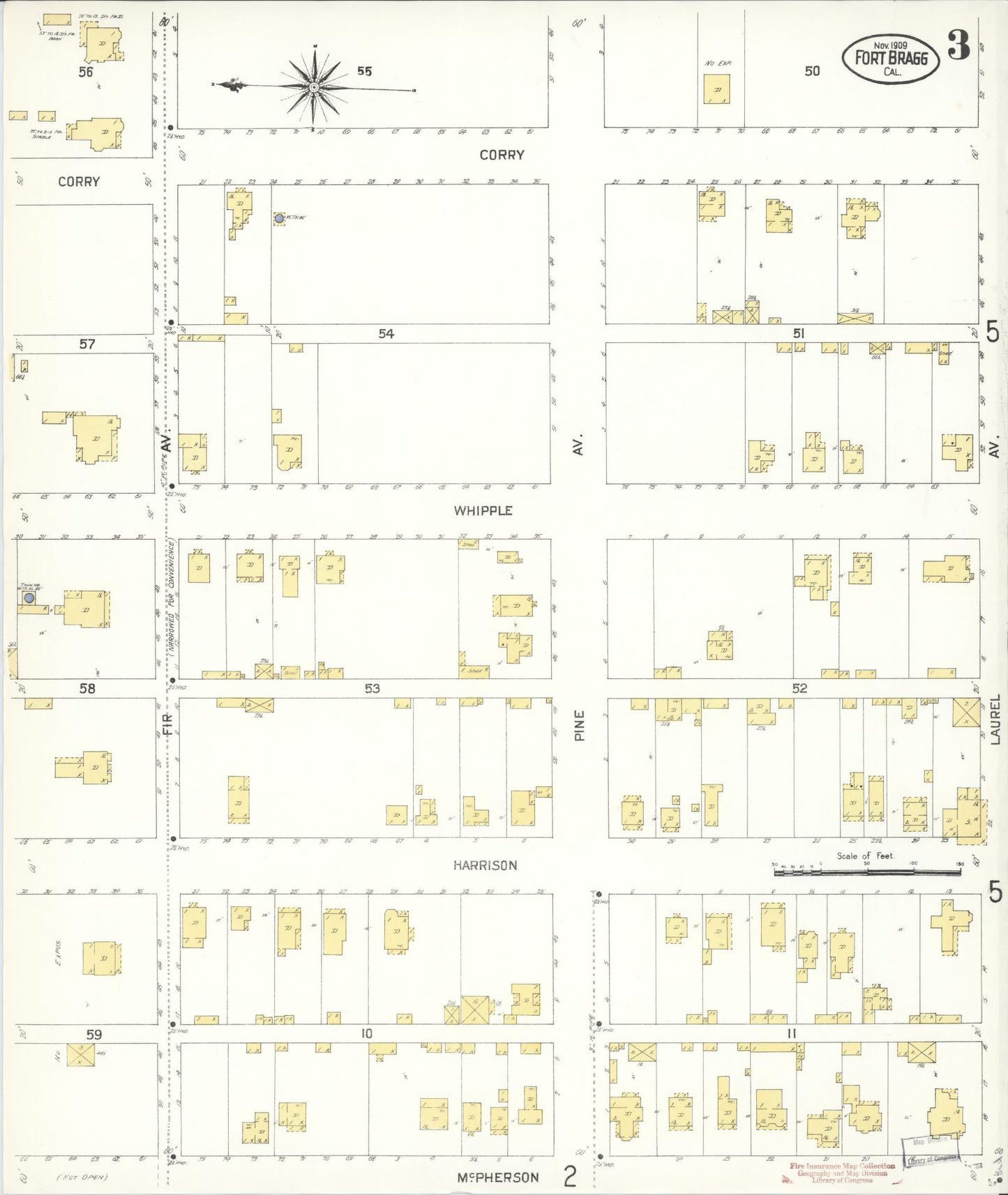 Sanborn Fire Insurance Map from Fort Bragg, Mendocino County, California (1909), Sheet #0003 - Historic Sanborn Fire Insurance Map Print, vintage old map wall art, antique decor, genealogy gift, California California map