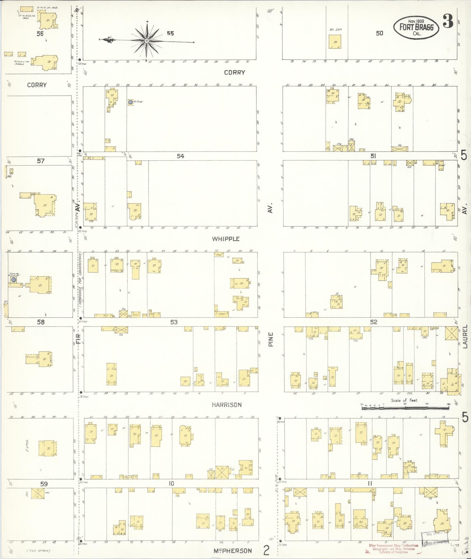 Sanborn Fire Insurance Map from Fort Bragg, Mendocino County, California (1909), Sheet #0003 - Historic Sanborn Fire Insurance Map Print, vintage old map wall art, antique decor, genealogy gift, California California map