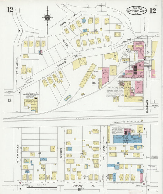 Sanborn Fire Insurance Map from Johnson City, Broome County, New York (1925), Sheet #0012 - Historic Sanborn Fire Insurance Map Print, vintage old map wall art, antique decor, genealogy gift, New York New York map