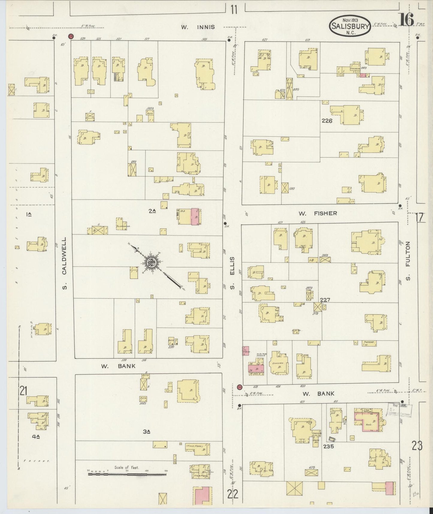 Sanborn Fire Insurance Map from Salisbury, Rowan County, North Carolina (1913), Sheet #0016 - Complete Map Set gallery image, historic Sanborn map, vintage wall art, North Carolina North Carolina