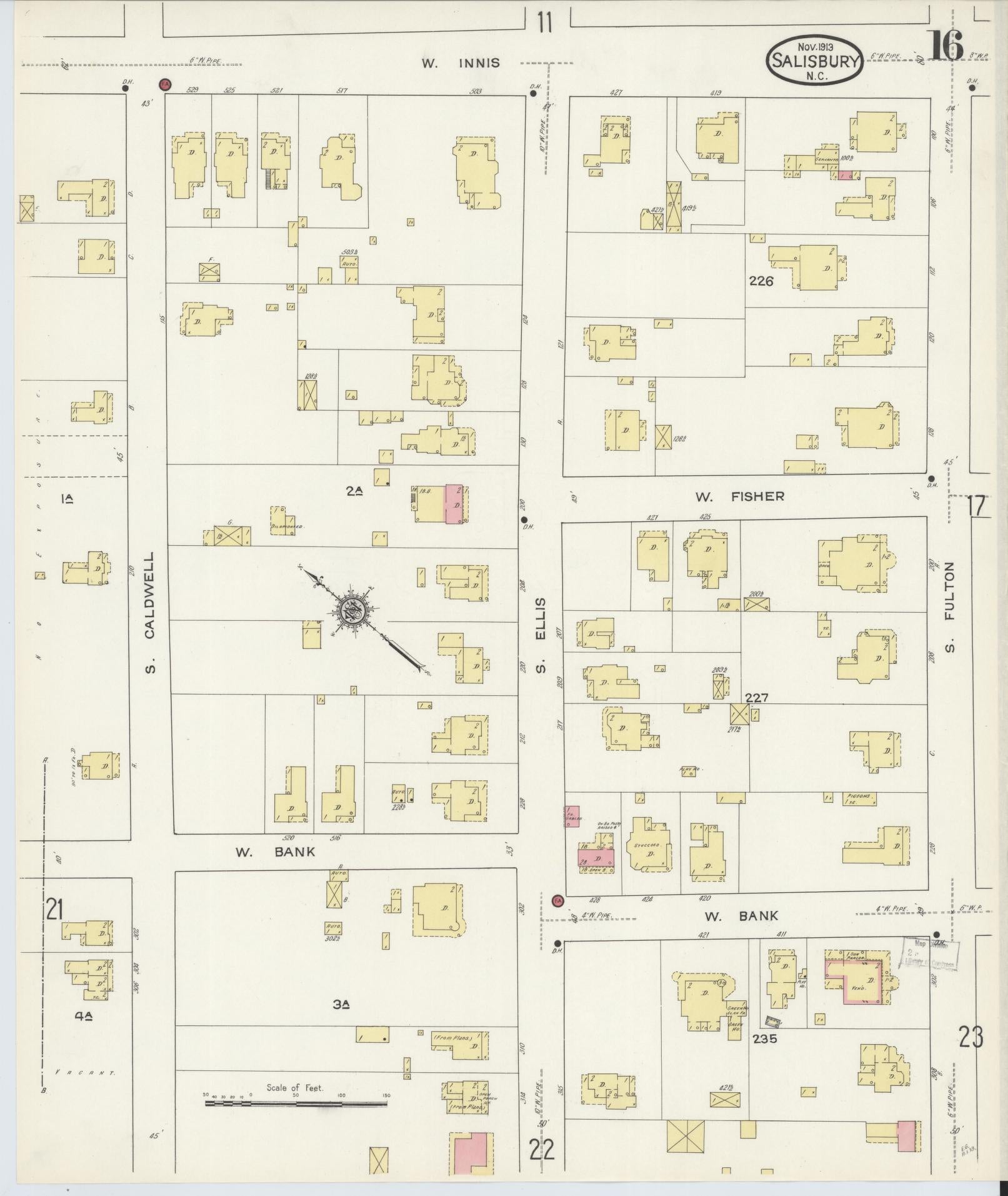 Sanborn Fire Insurance Map from Salisbury, Rowan County, North Carolina (1913), Sheet #0016 - Complete Map Set gallery image, historic Sanborn map, vintage wall art, North Carolina North Carolina