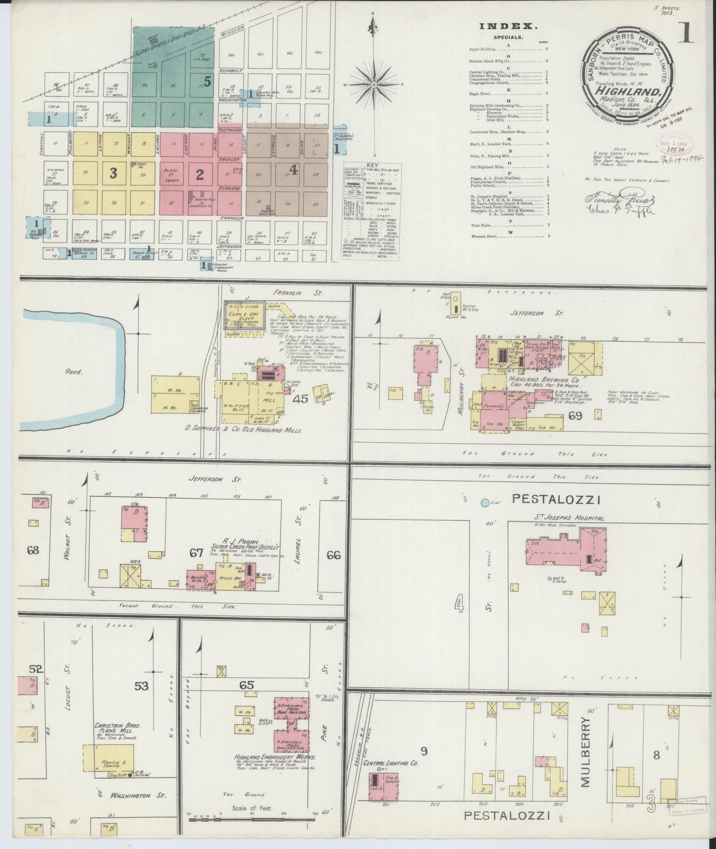 Sanborn Fire Insurance Map from Highland, Madison County, Illinois (1894), Sheet #0001 - Historic Sanborn Fire Insurance Map Print, vintage old map wall art, antique decor, genealogy gift, Illinois Illinois map