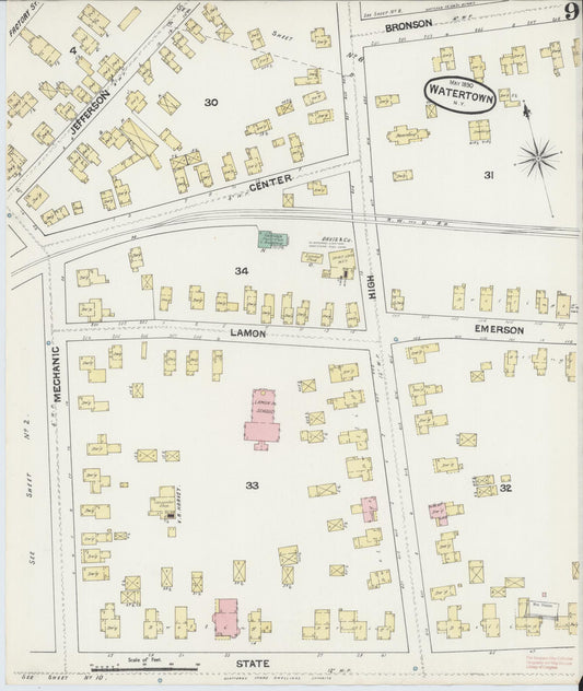 Sanborn Fire Insurance Map from Watertown, Jefferson County, New York (1890), Sheet #0009 - Historic Sanborn Fire Insurance Map Print, vintage old map wall art, antique decor, genealogy gift, New York New York map