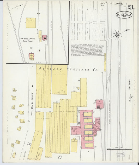 Sanborn Fire Insurance Map from Battle Creek, Calhoun County, Michigan (1907), Sheet #0021 - Historic Sanborn Fire Insurance Map Print, vintage old map wall art, antique decor, genealogy gift, Michigan Michigan map