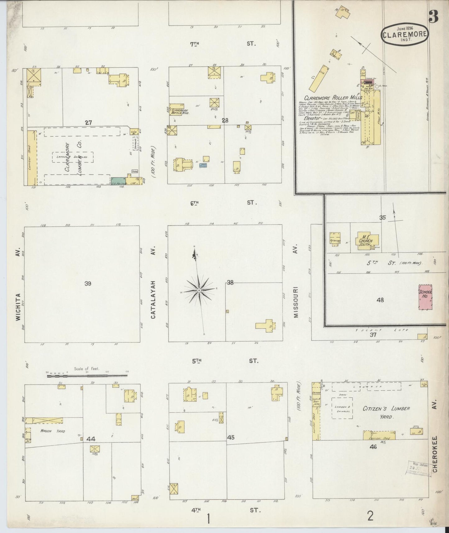 Sanborn Fire Insurance Map from Claremore, Rogers County, Oklahoma (1896), Sheet #0003 - Historic Sanborn Fire Insurance Map Print, vintage old map wall art, antique decor, genealogy gift, Oklahoma Oklahoma map