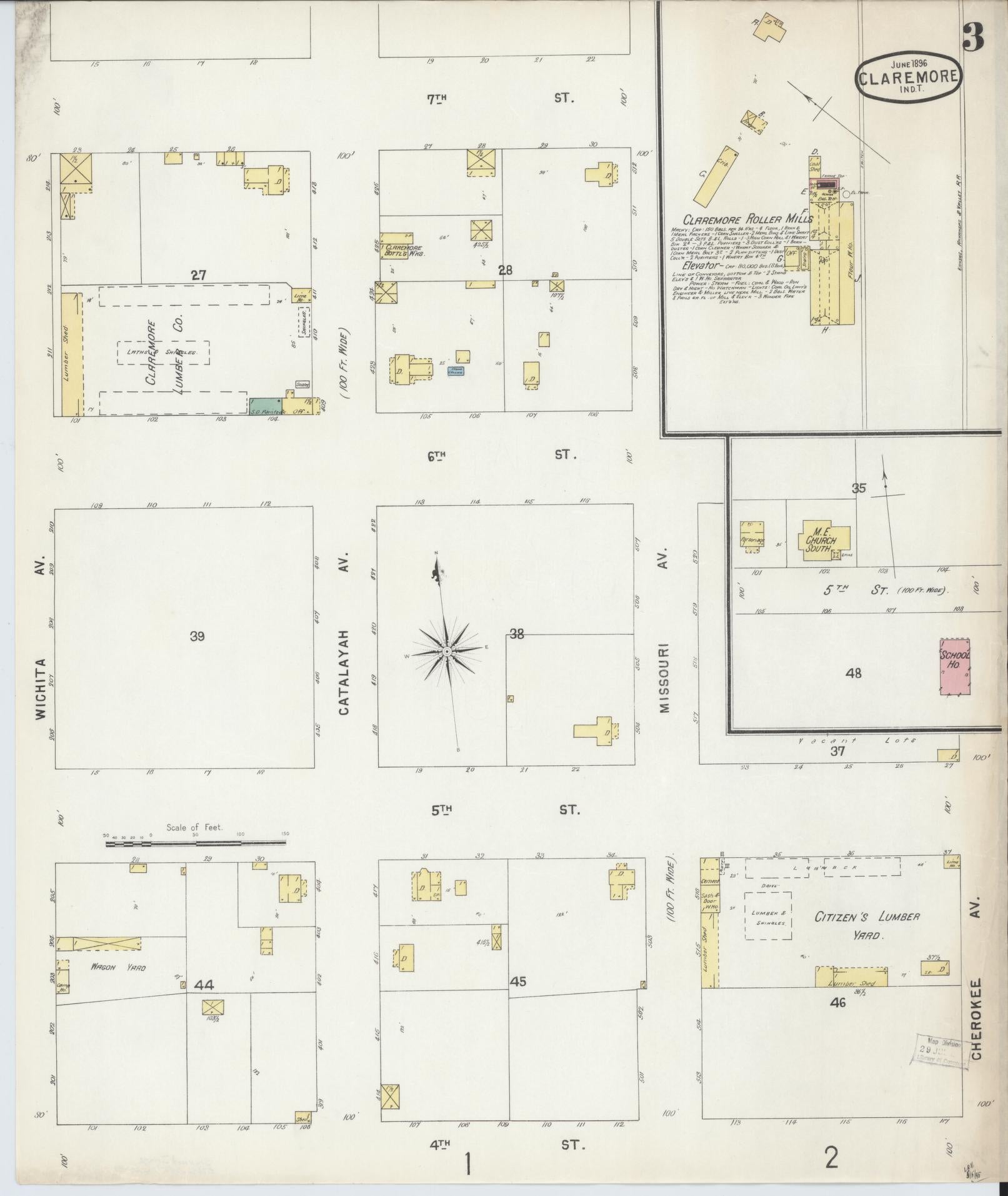 Sanborn Fire Insurance Map from Claremore, Rogers County, Oklahoma (1896), Sheet #0003 - Historic Sanborn Fire Insurance Map Print, vintage old map wall art, antique decor, genealogy gift, Oklahoma Oklahoma map