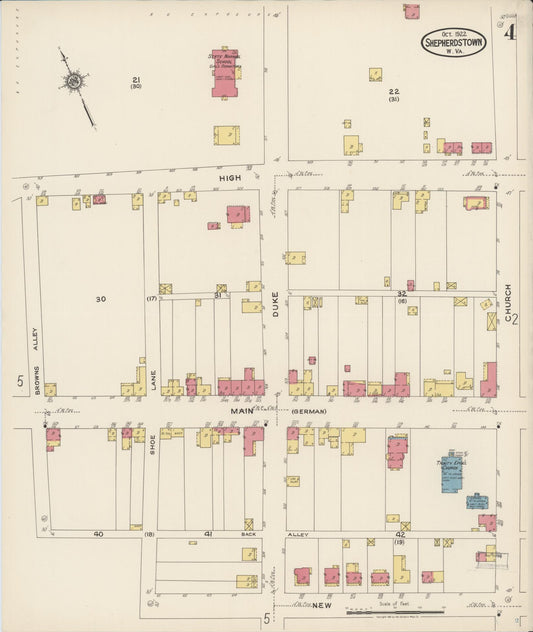 Sanborn Fire Insurance Map from Shepherdstown, Jefferson County, West Virginia (1922), Sheet #0004 - Historic Sanborn Fire Insurance Map Print, vintage old map wall art, antique decor, genealogy gift, West Virginia West Virginia map