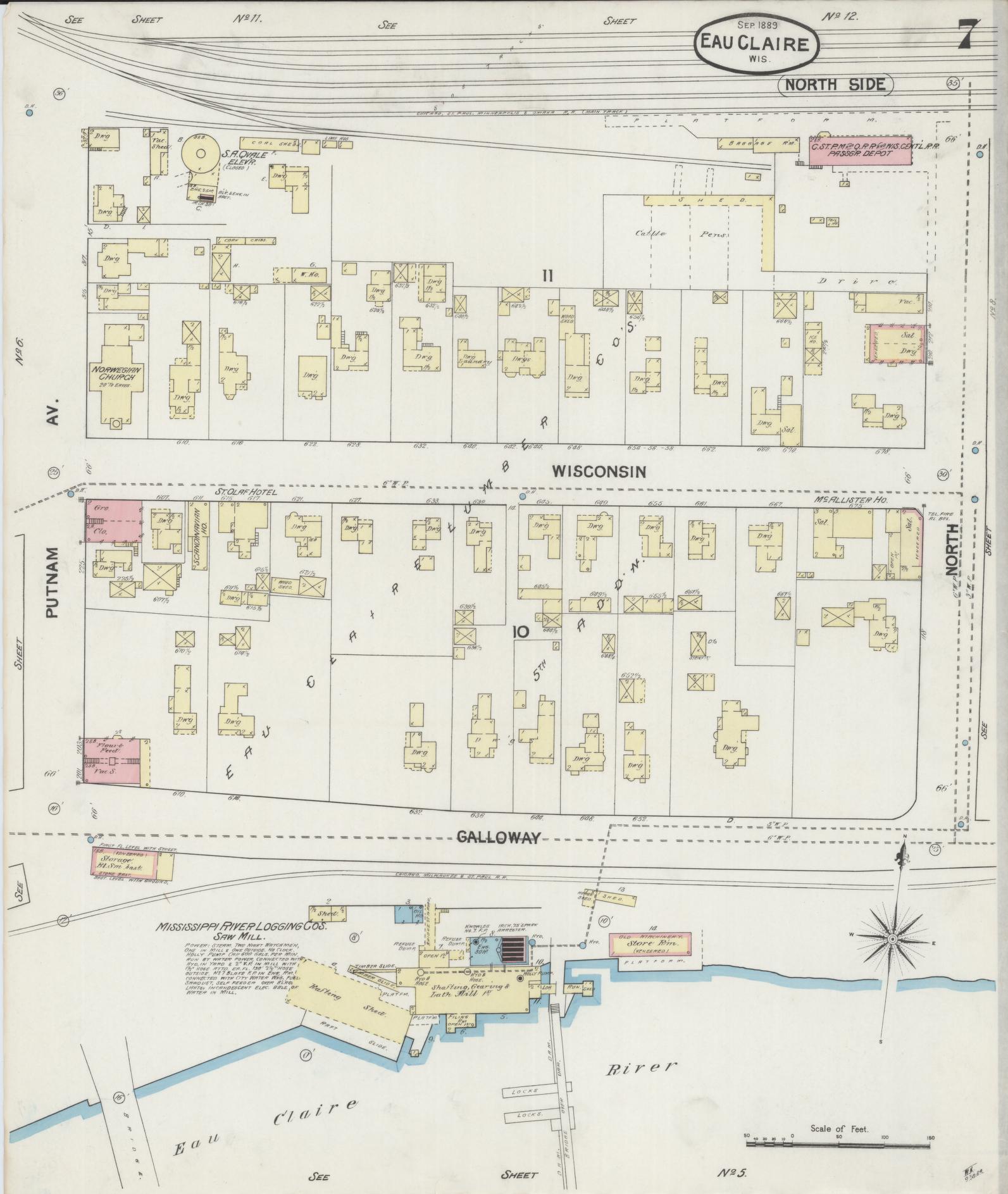 Sanborn Fire Insurance Map from Eau Claire, Eau Claire County, Wisconsin (1889), Sheet #0007 - Historic Sanborn Fire Insurance Map Print, vintage old map wall art, antique decor, genealogy gift, Wisconsin Wisconsin map