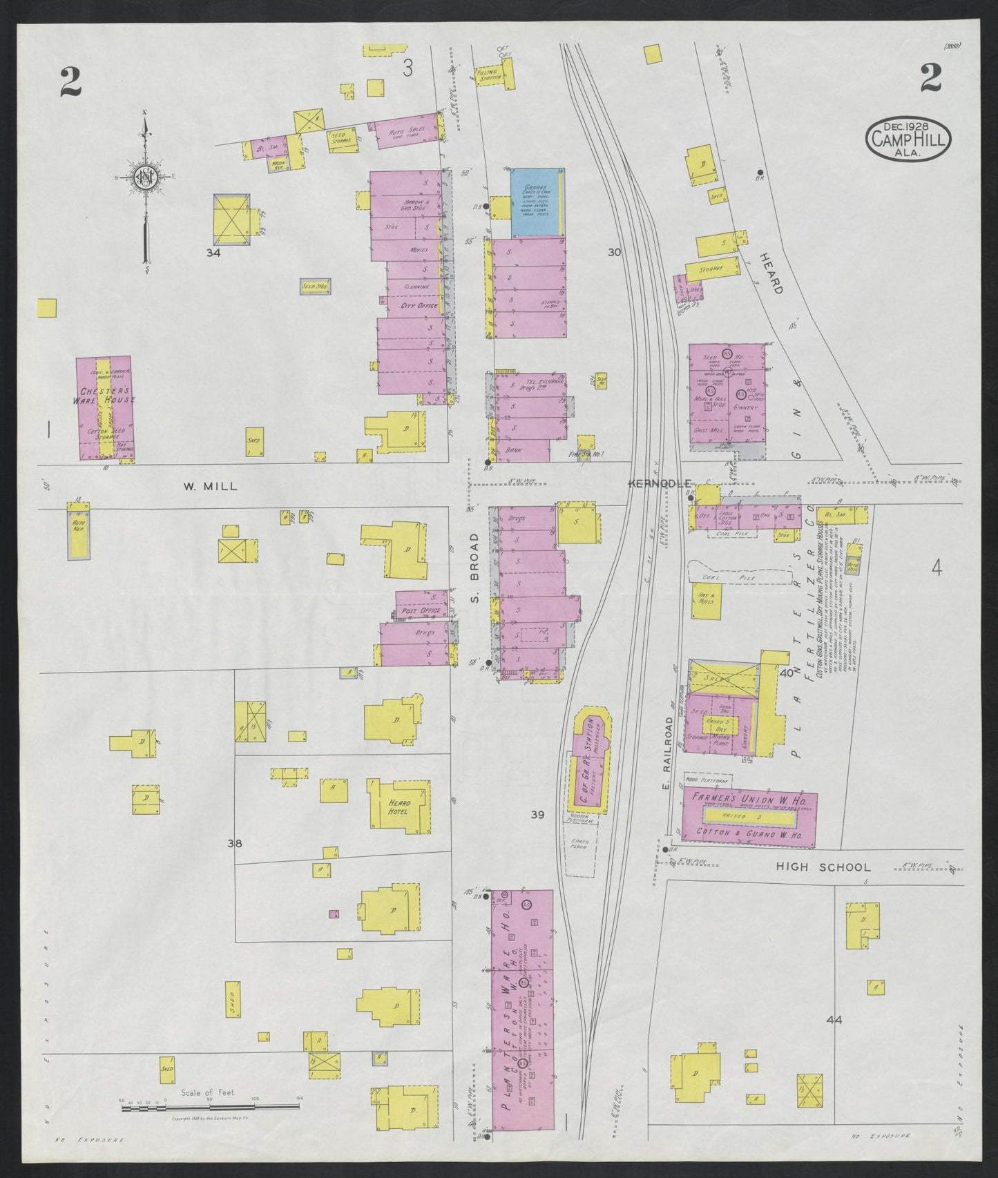 Sanborn Fire Insurance Map from Camp Hill, Tallapoosa County, Alabama (1928), Sheet #0002 - Complete Map Set gallery image, historic Sanborn map, vintage wall art, Alabama Alabama