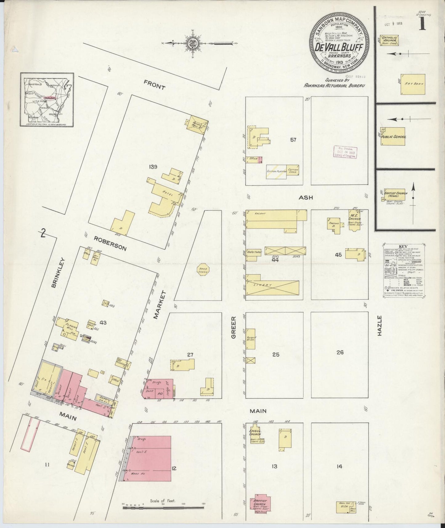 Sanborn Fire Insurance Map from De Valls Bluff, Priairie County, Arkansas (1913), Sheet #0001 - Complete Map Set gallery image, historic Sanborn map, vintage wall art, Arkansas Arkansas