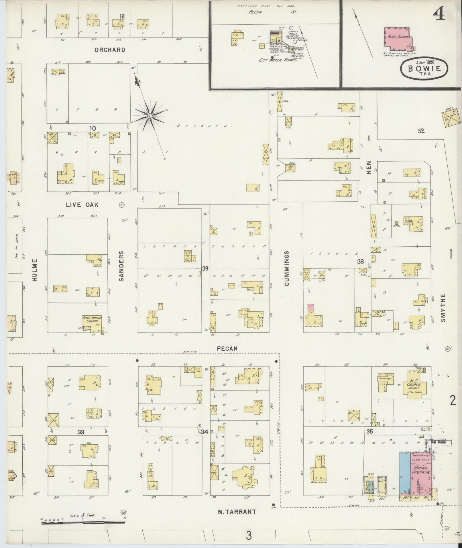 Sanborn Fire Insurance Map from Bowie, Montague County, Texas (1896), Sheet #0004 - Historic Sanborn Fire Insurance Map Print, vintage old map wall art, antique decor, genealogy gift, Texas Texas map
