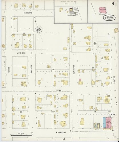 Sanborn Fire Insurance Map from Bowie, Montague County, Texas (1896), Sheet #0004 - Historic Sanborn Fire Insurance Map Print, vintage old map wall art, antique decor, genealogy gift, Texas Texas map