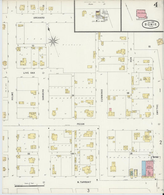 Sanborn Fire Insurance Map from Bowie, Montague County, Texas (1896), Sheet #0004 - Historic Sanborn Fire Insurance Map Print, vintage old map wall art, antique decor, genealogy gift, Texas Texas map