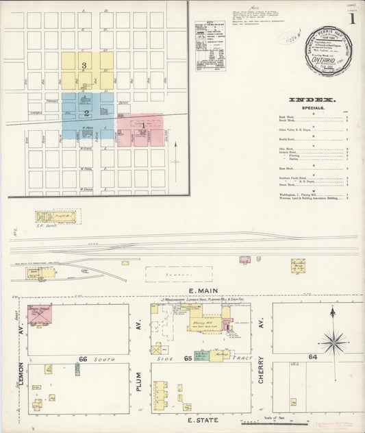 Sanborn Fire Insurance Map from Ontario, San Bernardino County, California (1891), Sheet #0001 - Complete Map Set gallery image, historic Sanborn map, vintage wall art, California California