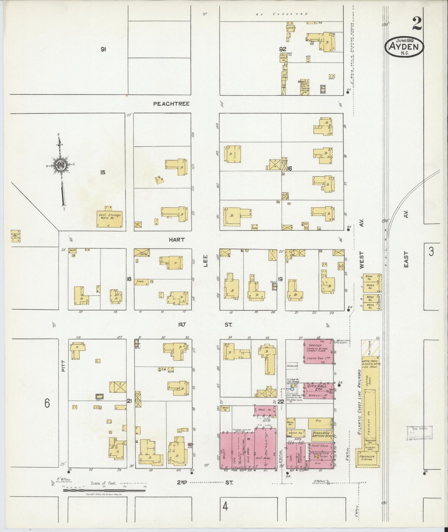 Sanborn Fire Insurance Map from Ayden, Pitt County, North Carolina (1919), Sheet #0002 - Complete Map Set gallery image, historic Sanborn map, vintage wall art, North Carolina North Carolina