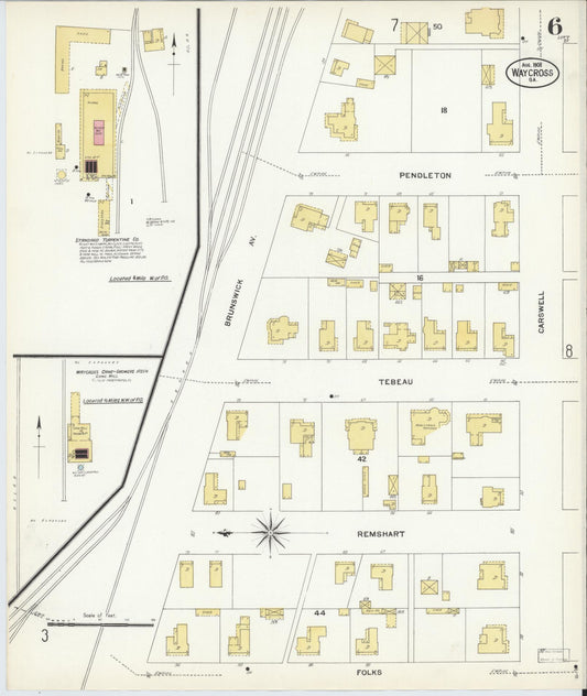 Sanborn Fire Insurance Map from Waycross, Ware County, Georgia (1908), Sheet #0006 - Historic Sanborn Fire Insurance Map Print, vintage old map wall art, antique decor, genealogy gift, Georgia Georgia map