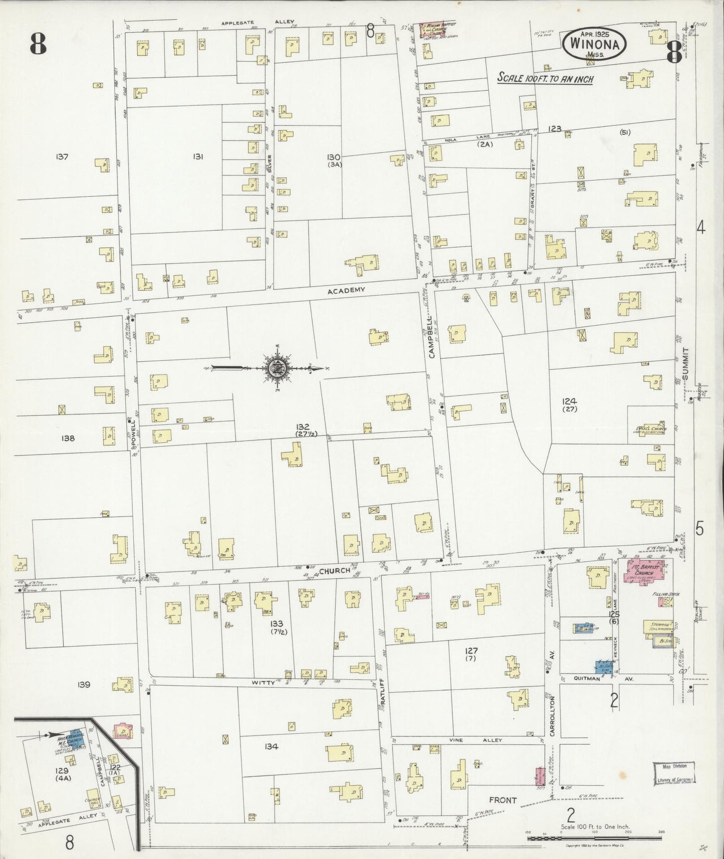 Sanborn Fire Insurance Map from Winona, Montgomery County, Mississippi (1925), Sheet #0008 - Complete Map Set gallery image, historic Sanborn map, vintage wall art, Mississippi Mississippi